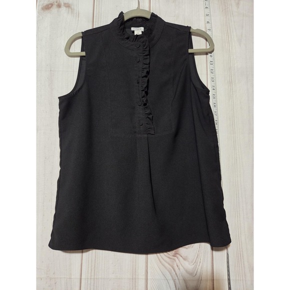 J.CREW Tops - J.Crew Sleeveless Blouse Womens 4 Black Ruffle Trim Mock Neck Button‎ Front